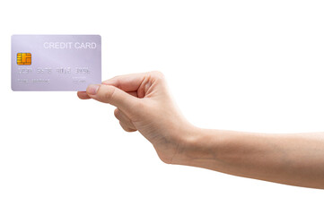 The woman's hand holds a silver platinum credit card isolated on white background.