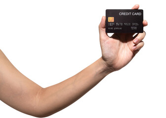 The woman's hand holds a black credit card isolated on white background..