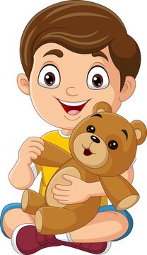 Cartoon little boy playing teddy bear