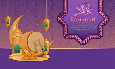 Eid mubarak golden crescent moon with bedug drum and islamic pattern purple decorations