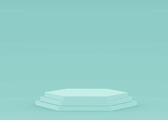 3d blue green hexagon podium minimal studio background. Abstract 3d geometric shape object illustration render. Display for technology medical and science product.
