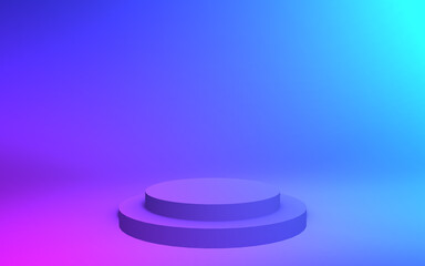 3d purple blue neon light cylinder podium minimal studio gradient dark colors background. Abstract 3d geometric shape object illustration render. Display for nightclub party and technology product.