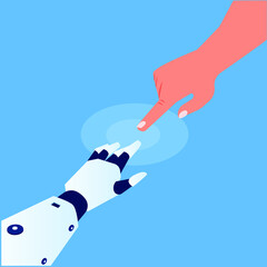 Robot index finger touching human index finger isometric 3d vector concept for banner, website, illustration, landing page, flyer, etc.