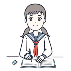 机に向かって勉強する女子学生のイラスト素材