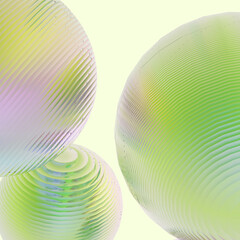 Abstract 3d object metal balls green pink gradient colors background.