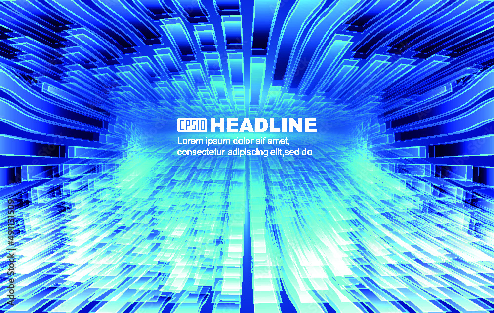 Poster blue ribbon-like polygons and lines extend vertically against a vector background of future technolo