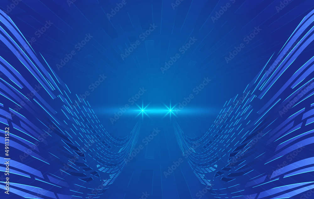 Poster extending into the distance converging blue polygons and lines