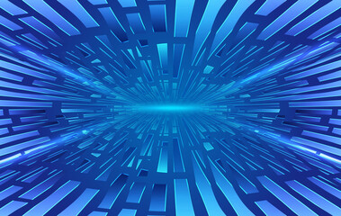 Blue ribbon-like polygons and lines extend vertically against a vector background of future technology space