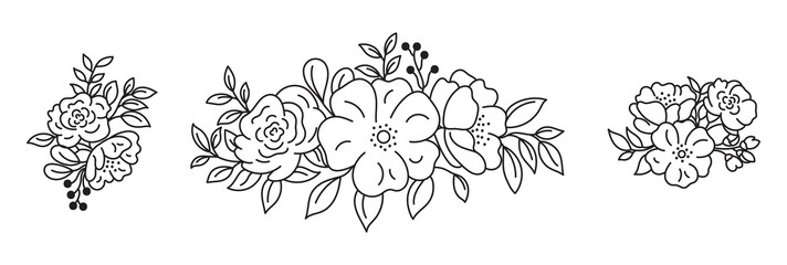 A set of illustrations with a flower arrangement. Wedding decorative flowers. Isolated on a white background.