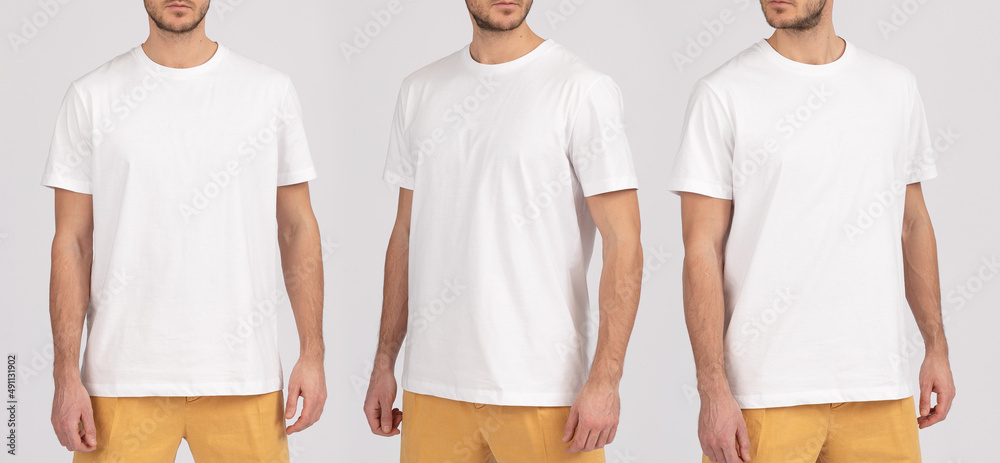 Sticker The young man in a white t-shirt on a gray background. Template of a white t-shirt. Front view, side view