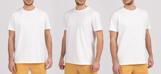 The young man in a white t-shirt on a gray background. Template of a white t-shirt. Front view, side view