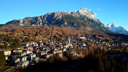 City of Cortina d Ampezzo in the Dolomites Italian Alps - aerial view - travel photography