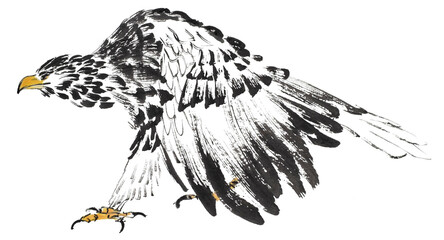 White-shoulder eagle (An eagle stepping forward, dragging wings on the ground painted with ink on xuan paper, oriental style). Texture of paper and brush strokes - intact. Background`s been removed.
