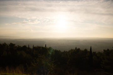 Wide angle view over the beautiful Italian landscape at sunset from Castel del monte - travel photography