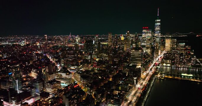 Aerial drone of New York skyline at night