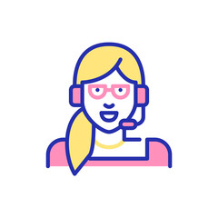 Young woman in headset working as a telemarketing manager. Pixel perfect, editable stroke, fun color icon