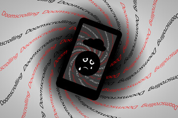 Doomscrolling or doom surfing concept illustration, continuing to search or scroll through bad news and events on internet, social media, even though it is depressing - obrazy, fototapety, plakaty