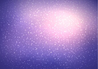 Winter glowing sky violet color empty background. Falling snow blurred texture.