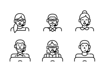 Call centre technical support agents diversity icons. People of various ages and genders wearing a headset. Pixel perfect, editable stroke icons