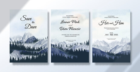 Wedding invitation card set, Watercolor landscape paintings travelling with mountain range pine. - 491135599