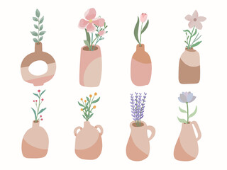 Aesthetic flowers in brown vases and bottle collection set drawing vector