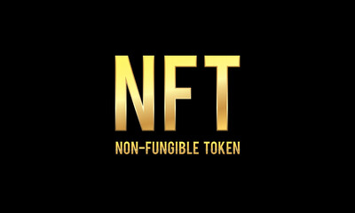 NFT Non-fungible token made of gold isolated on black background, Blockchain technology