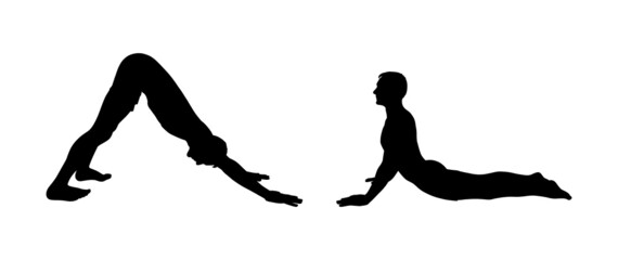 Yoga Downward Facing Dog Pose and Cobra poses. Man silhouettes practicing yoga. Vector illustration isolated on white background