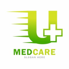 Fototapeta premium Abstract letter U plus with medical fast vector design logo. this is cross or plus for symbol health logo