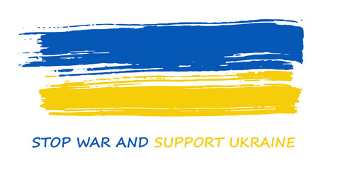 Ukraine flag design. Stop War and Support Ukraine banner sign. Paint brush with colors of Ukraine flag. The message for war in Ukraine.