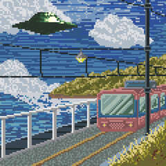 Pixel art background of train by the beach free vector
