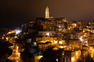 Fototapeta na wymiar Beautiful city of Matera by night - a Unesco World Heritage site and cultural capital of Europe - travel photography