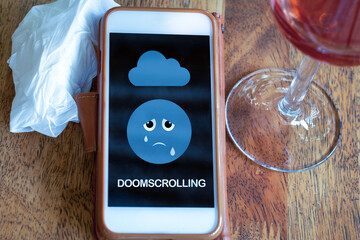 Doomscrolling on mobile phone on table with glass of wine and tissue, continuing to search or scroll through bad news and events on social media, even though it is depressing