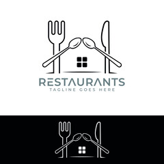 restaurant logo design template, spoon fork knife restaurant house