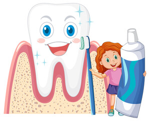 A little girl holding toothpaste and toothbrush with big tooth on white background