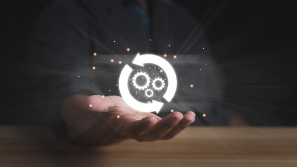 Businessman hand with Update software application and hardware upgrade technology concept.