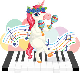 Cute pink unicorn shaking maracas with music notes on piano