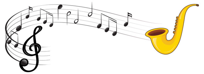 A saxophone with musical notes on white background