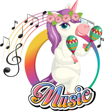 Cute purple unicorn shaking maracas with music notes on white background