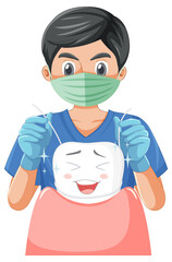 Dentist holding instruments and examining teeth on white background