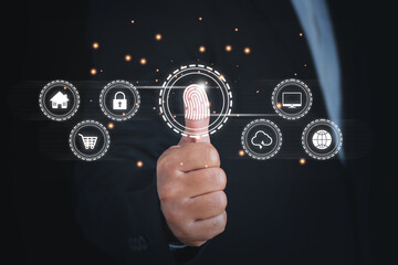 Cyber security network. Businessmen use fingerprints to access personal information. Data protection privacy and Cybersecurity network concept.