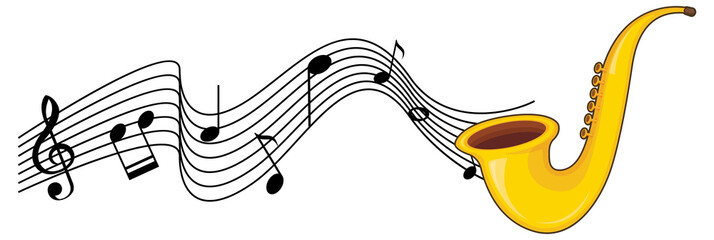 A saxophone with musical notes on white background