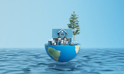 World water day saving water quality campaign and environmental protection concept. Globe sphere floating over water with family life house on a blue isolated background. 3d rendering illustration