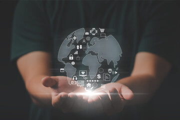 Businessman working on digital global internet network connection technology.