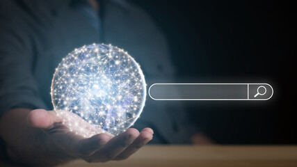 Search.Searching Browsing Internet Data Information with the blank search bar.Man holding planet by hand. Networking Concept.Element of this image from NASA.