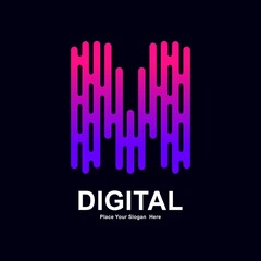 Obraz premium Abstract letter M modern line and digital vector logo design. Suitable for typography technology electronic, geometric technology font and modern futuristic design 