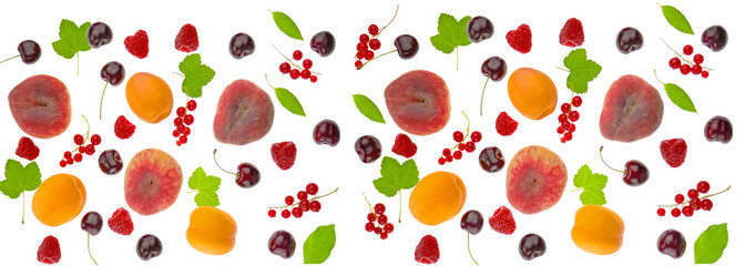 fruit banner.Peaches, cherries, apricots, red currants, raspberries and green leaves isolated on white background.Fruit and berry banner. Summer fruits and berries harvest. High quality photo