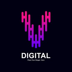 Abstract letter V modern line and digital vector logo design. Suitable for typography technology electronic, geometric technology font and modern futuristic design 