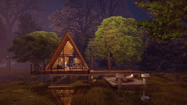 amazing Triangle shape wooden building front elevation with outdoor lounge in the forest for coupel and family 3d rendering