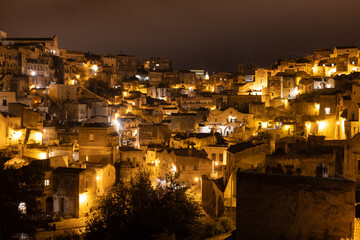 Beautiful city of Matera by night - a Unesco World Heritage site and cultural capital of Europe -...