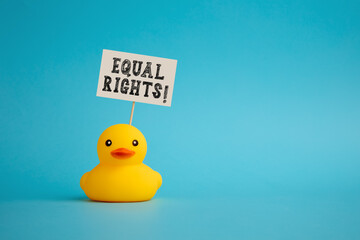 Rubber duck carries a signboard with the message of equal rights. Equality and freedom social...